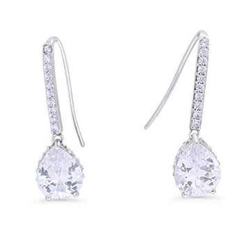 Teardrop Pear Dangling Fish Hook Earrings Simulated CZ 925 Sterling Silver Bridesmaid